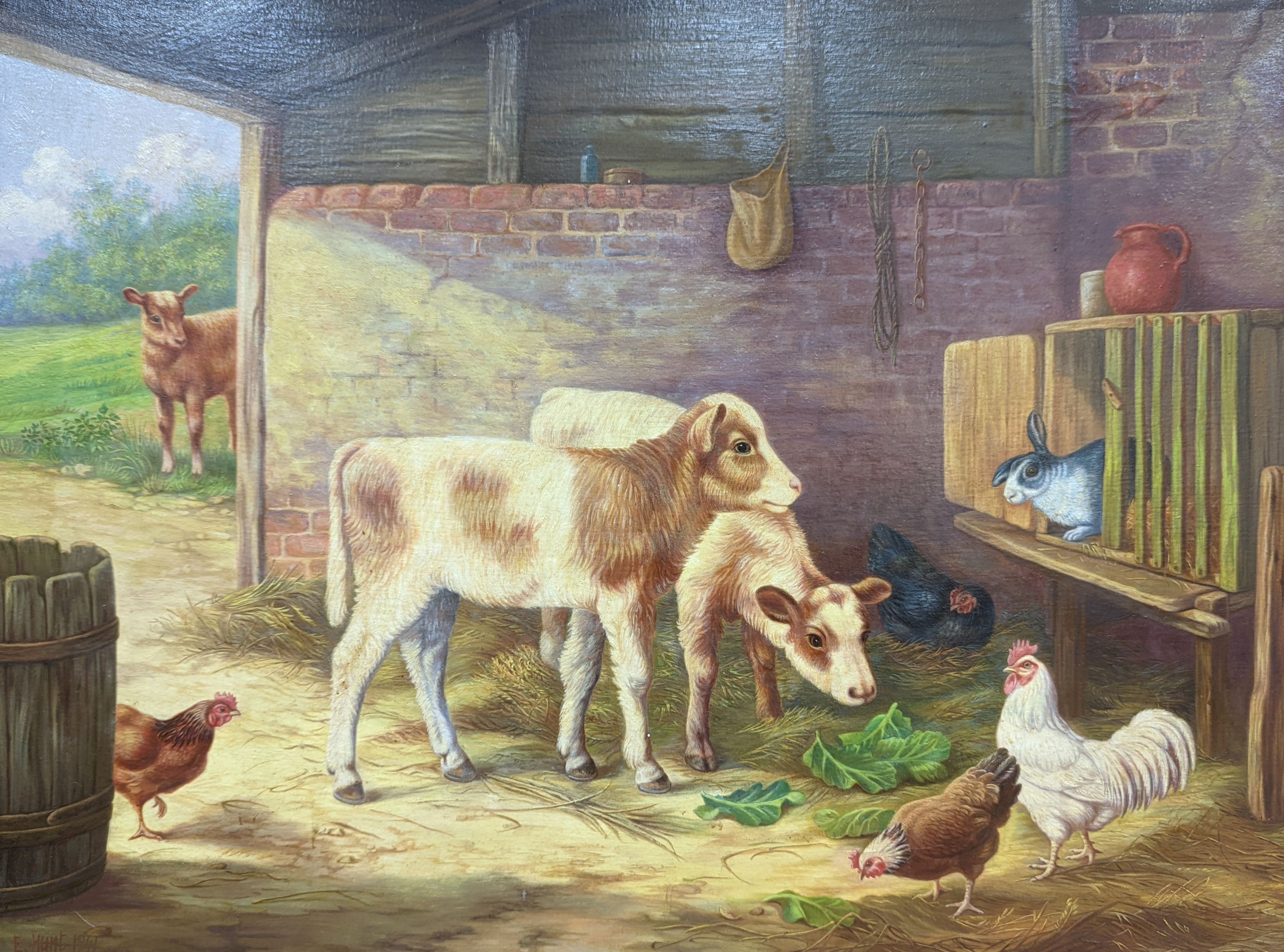 After Edgar Hunt (1876-1953), oil on canvas, Calves, chickens and rabbits in a stable, bears signature and date 1941, 44 x 60cm